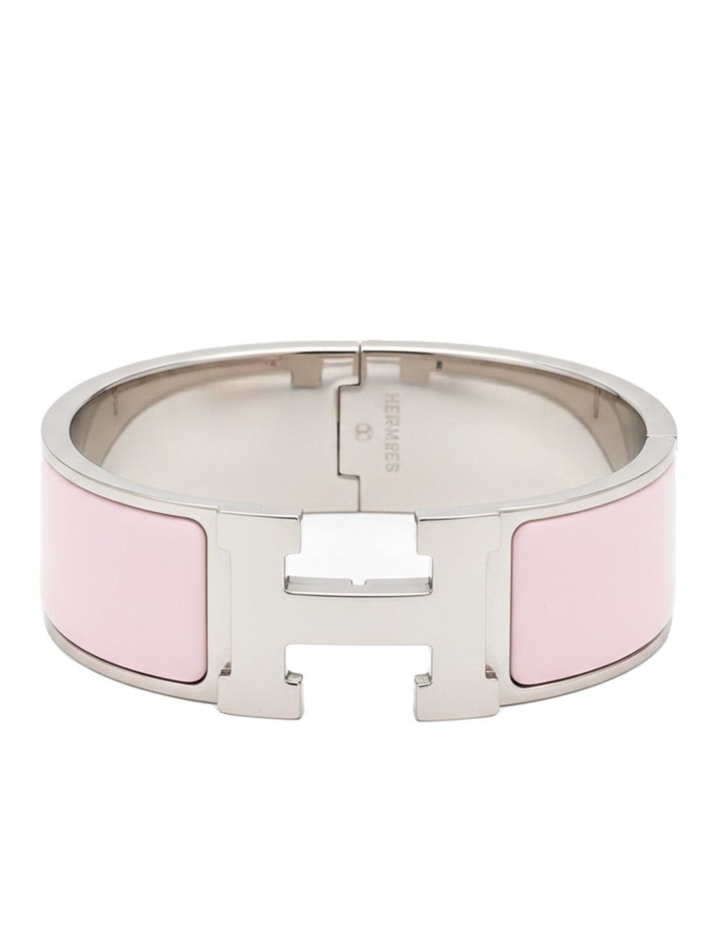 HERMES Cert of Auth Pink Enamel & Silver Clic-Clac H GM Wide Bracelet
